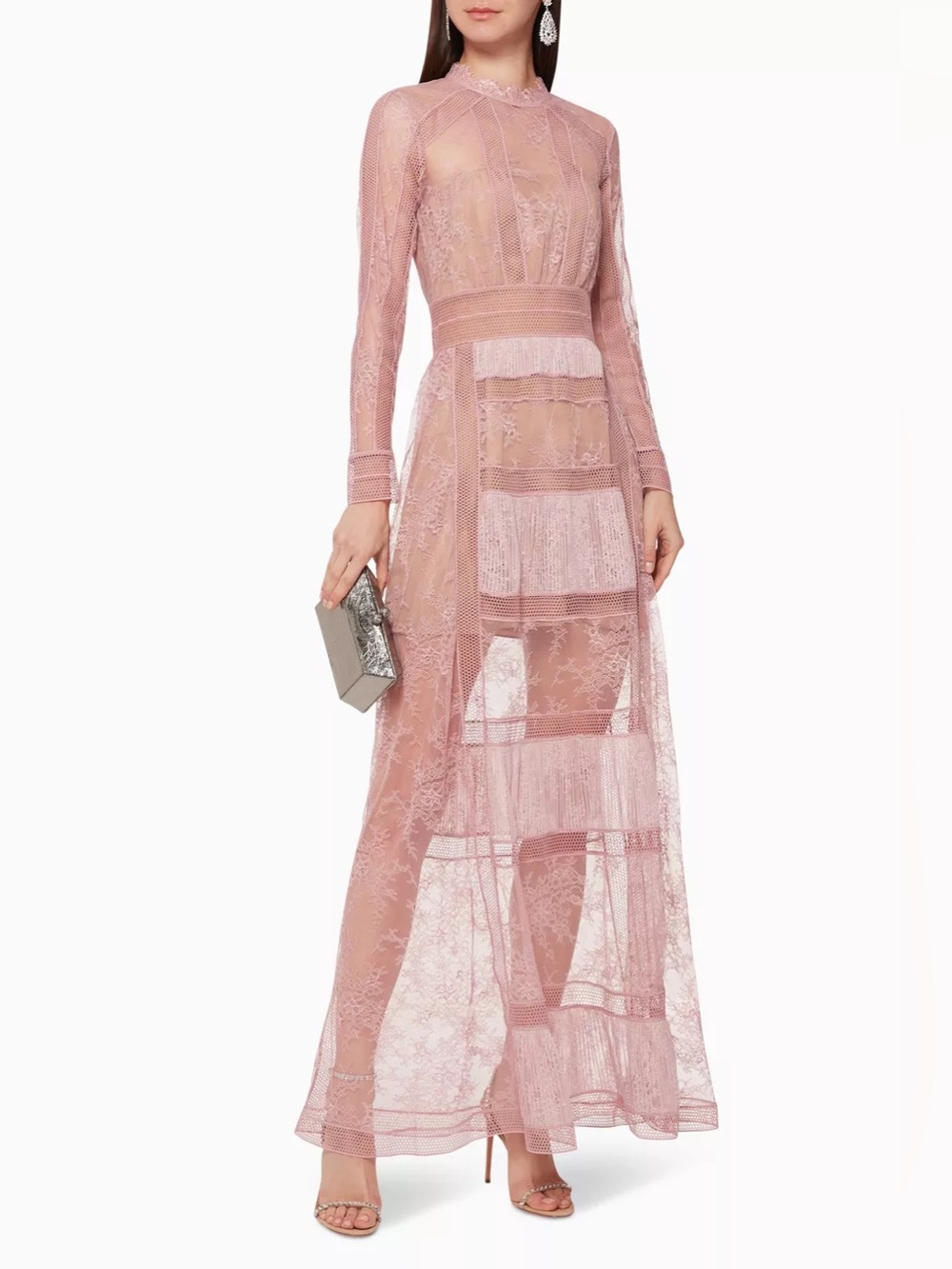 Self Portrait Blush Fine Lace Trim Sheer Maxi Evening Dress Gown Size 10